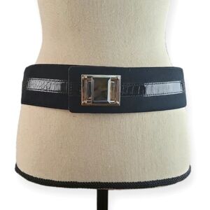 White House Black Market Black Suede Silver & Black Rhinestone Stretch Belt Med